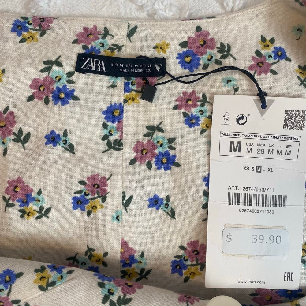 ZARA Floral Crop Top Womens Sz Medium Square Neck Linen Blend Cottagecore - Picture 4 of 5